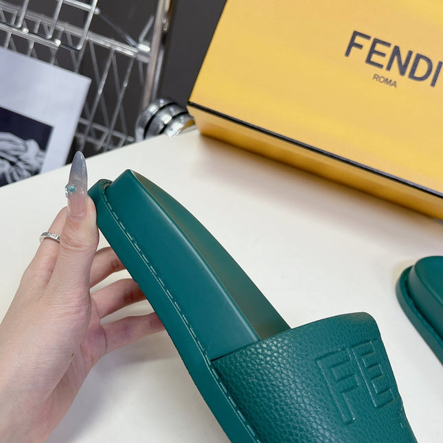 FENDI ROMA SLIDES IN TEAL GREEN LAMBSKIN LEATHER