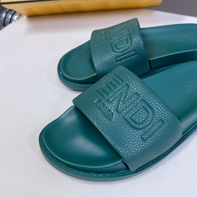 FENDI ROMA SLIDES IN TEAL GREEN LAMBSKIN LEATHER