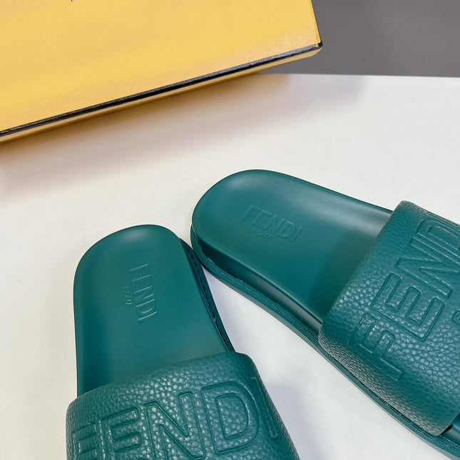 FENDI ROMA SLIDES IN TEAL GREEN LAMBSKIN LEATHER