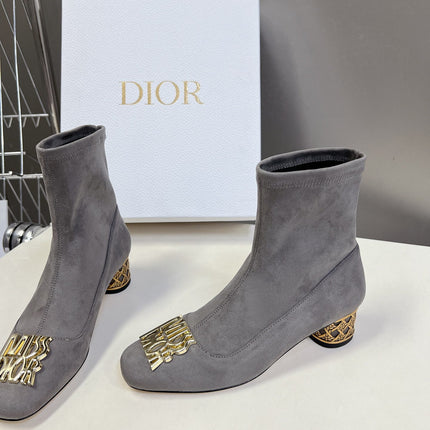 ICON HEELED ANKLE BOOT DOVE GRAY SUEDE 4 CM WITH GOLD LOGO