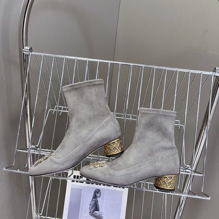 ICON HEELED ANKLE BOOT DOVE GRAY SUEDE 4 CM WITH GOLD LOGO