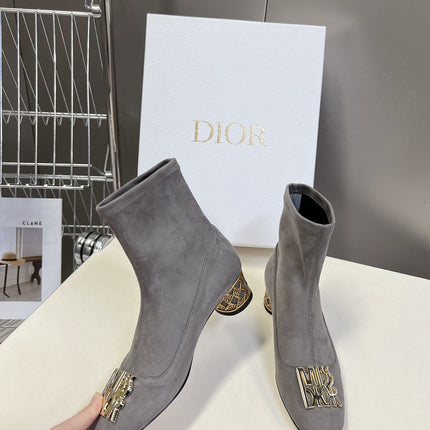 ICON HEELED ANKLE BOOT DOVE GRAY SUEDE 4 CM WITH GOLD LOGO