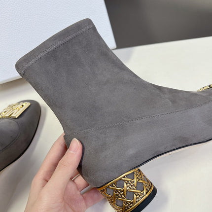 ICON HEELED ANKLE BOOT DOVE GRAY SUEDE 4 CM WITH GOLD LOGO