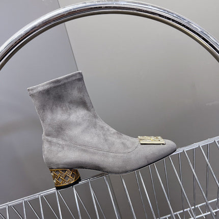 ICON HEELED ANKLE BOOT DOVE GRAY SUEDE 4 CM WITH GOLD LOGO