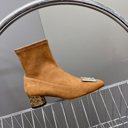 ICON HEELED ANKLE BOOT BRONZE BROWN SUEDE 4 CM WITH GOLD LOGO