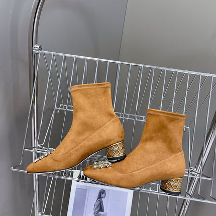 ICON HEELED ANKLE BOOT BRONZE BROWN SUEDE 4 CM WITH GOLD LOGO
