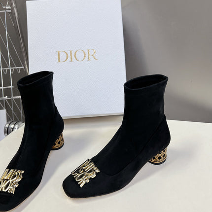 ICON HEELED ANKLE BOOT BLACK SUEDE 4 CM WITH GOLD LOGO