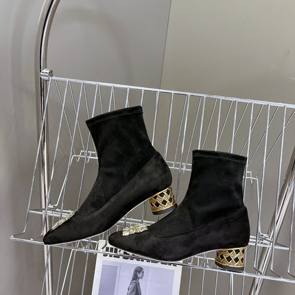ICON HEELED ANKLE BOOT BLACK SUEDE 4 CM WITH GOLD LOGO