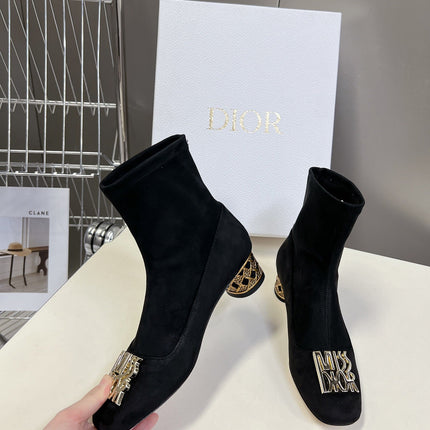 ICON HEELED ANKLE BOOT BLACK SUEDE 4 CM WITH GOLD LOGO