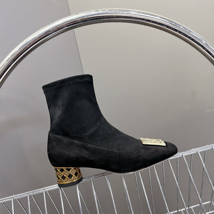ICON HEELED ANKLE BOOT BLACK SUEDE 4 CM WITH GOLD LOGO