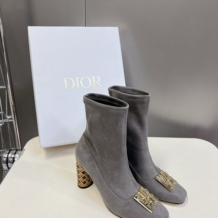ICON HEELED ANKLE BOOT DOVE GRAY SUEDE 8 CM WITH GOLD LOGO