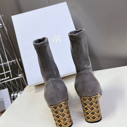 ICON HEELED ANKLE BOOT DOVE GRAY SUEDE 8 CM WITH GOLD LOGO