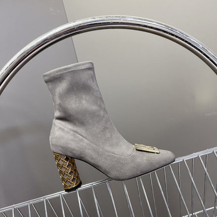 ICON HEELED ANKLE BOOT DOVE GRAY SUEDE 8 CM WITH GOLD LOGO