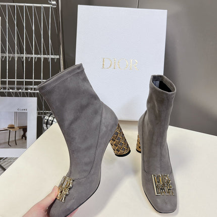 ICON HEELED ANKLE BOOT DOVE GRAY SUEDE 8 CM WITH GOLD LOGO