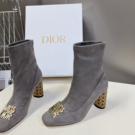ICON HEELED ANKLE BOOT DOVE GRAY SUEDE 8 CM WITH GOLD LOGO
