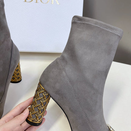ICON HEELED ANKLE BOOT DOVE GRAY SUEDE 8 CM WITH GOLD LOGO