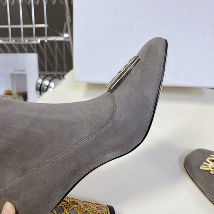 ICON HEELED ANKLE BOOT DOVE GRAY SUEDE 8 CM WITH GOLD LOGO