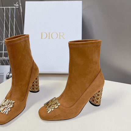 ICON HEELED ANKLE BOOT BRONZE BROWN SUEDE 8 CM WITH GOLD LOGO