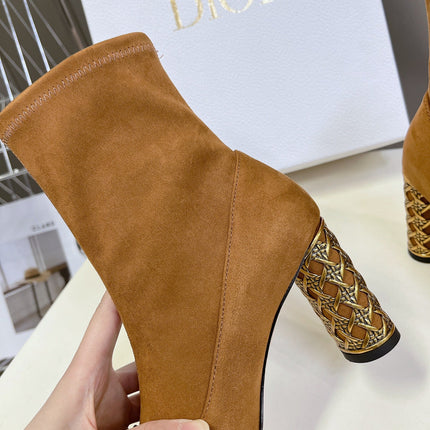 ICON HEELED ANKLE BOOT BRONZE BROWN SUEDE 8 CM WITH GOLD LOGO