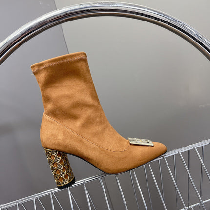 ICON HEELED ANKLE BOOT BRONZE BROWN SUEDE 8 CM WITH GOLD LOGO