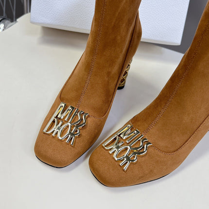 ICON HEELED ANKLE BOOT BRONZE BROWN SUEDE 8 CM WITH GOLD LOGO