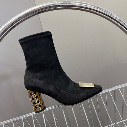 ICON HEELED ANKLE BOOT BLACK SUEDE 8 CM WITH GOLD LOGO