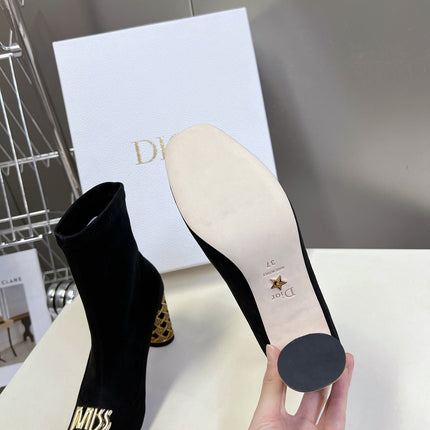ICON HEELED ANKLE BOOT BLACK SUEDE 8 CM WITH GOLD LOGO