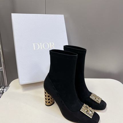 ICON HEELED ANKLE BOOT BLACK SUEDE 8 CM WITH GOLD LOGO