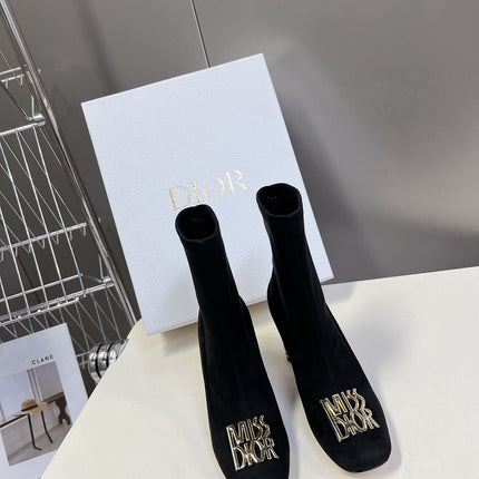 ICON HEELED ANKLE BOOT BLACK SUEDE 8 CM WITH GOLD LOGO