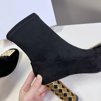 ICON HEELED ANKLE BOOT BLACK SUEDE 8 CM WITH GOLD LOGO