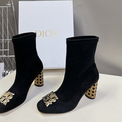 ICON HEELED ANKLE BOOT BLACK SUEDE 8 CM WITH GOLD LOGO