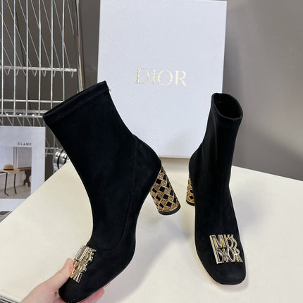 ICON HEELED ANKLE BOOT BLACK SUEDE 8 CM WITH GOLD LOGO