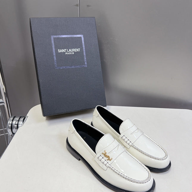 YSL 25S SAINT LAURENT LOAFERS IN WHITE PATENT CALFSKIN