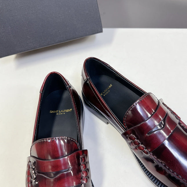 YSL 25S SAINT LAURENT LOAFERS IN TORTOISESHELL CRIMSON GLOSSY CALFSKIN