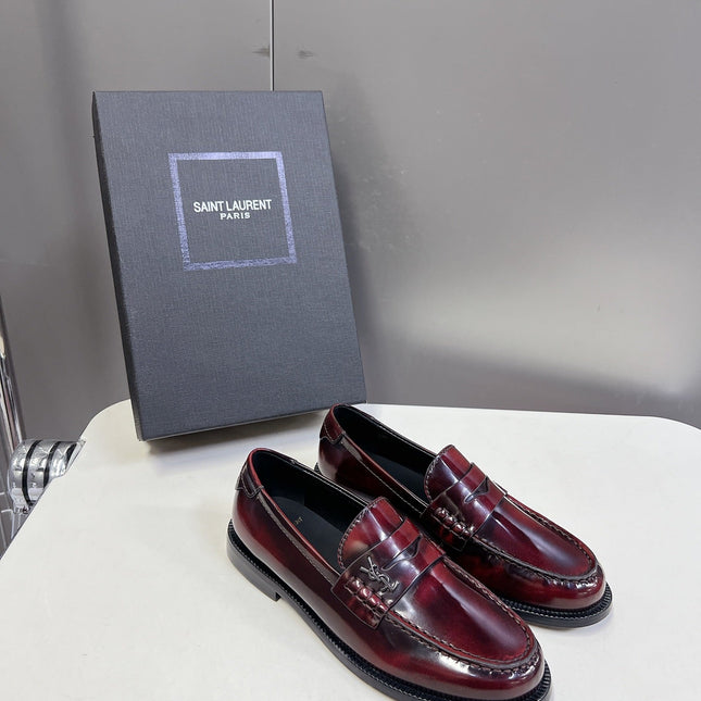 YSL 25S SAINT LAURENT LOAFERS IN TORTOISESHELL CRIMSON GLOSSY CALFSKIN