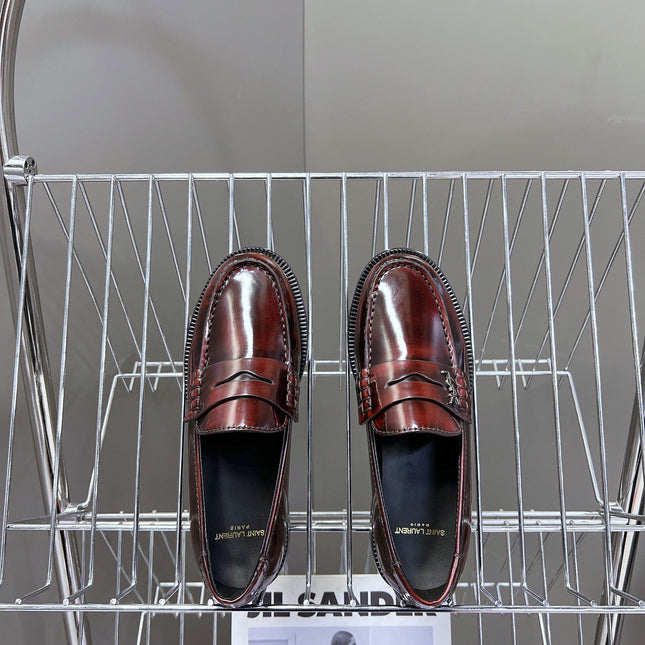 YSL 25S SAINT LAURENT LOAFERS IN TORTOISESHELL CRIMSON GLOSSY CALFSKIN