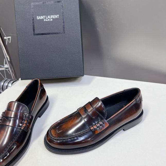 YSL 25S SAINT LAURENT LOAFERS IN TORTOISESHELL BROWN GLOSSY CALFSKIN