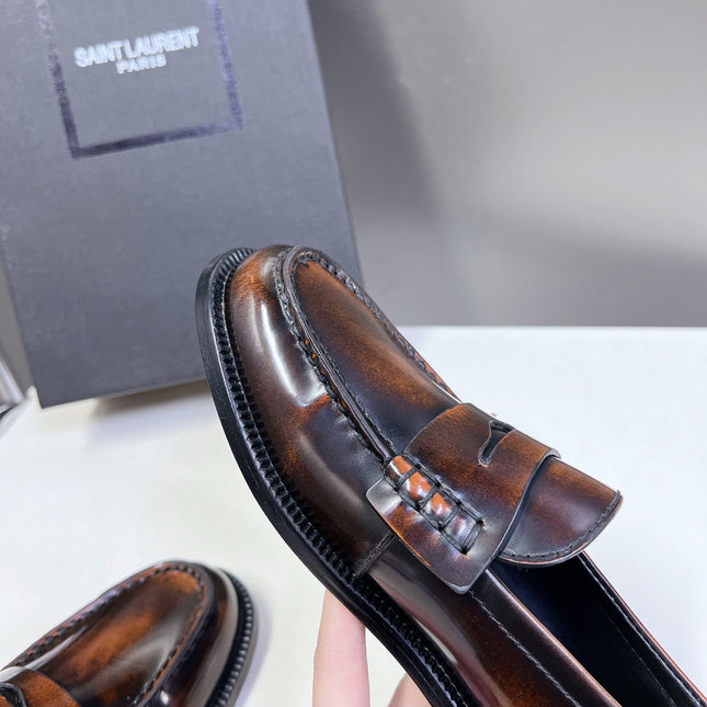 YSL 25S SAINT LAURENT LOAFERS IN TORTOISESHELL BROWN GLOSSY CALFSKIN