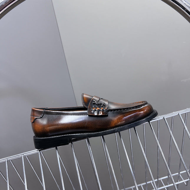 YSL 25S SAINT LAURENT LOAFERS IN TORTOISESHELL BROWN GLOSSY CALFSKIN