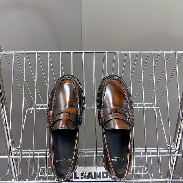 YSL 25S SAINT LAURENT LOAFERS IN TORTOISESHELL BROWN GLOSSY CALFSKIN