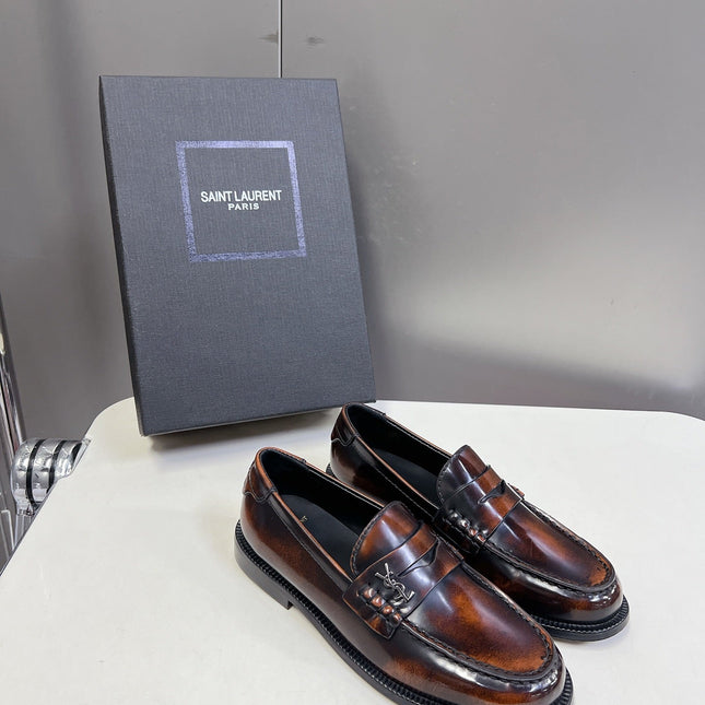 YSL 25S SAINT LAURENT LOAFERS IN TORTOISESHELL BROWN GLOSSY CALFSKIN