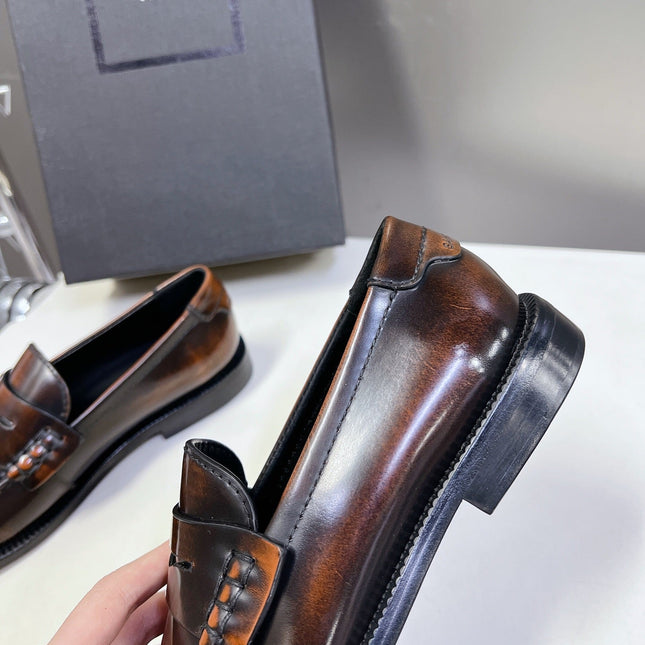 YSL 25S SAINT LAURENT LOAFERS IN TORTOISESHELL BROWN GLOSSY CALFSKIN