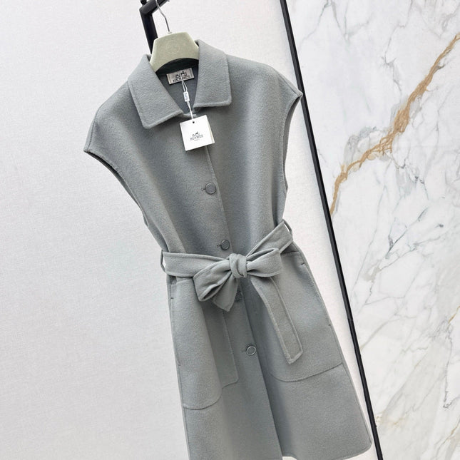 HERMES 25S SLEEVELESS WOOL VEST COAT WITH BOW BELT 96700