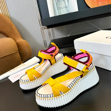 NAMA WEDGE SANDALS IN BRIGHT YELLOW FABRIC AND WHITE RUBBER