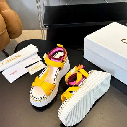 NAMA WEDGE SANDALS IN BRIGHT YELLOW FABRIC AND WHITE RUBBER