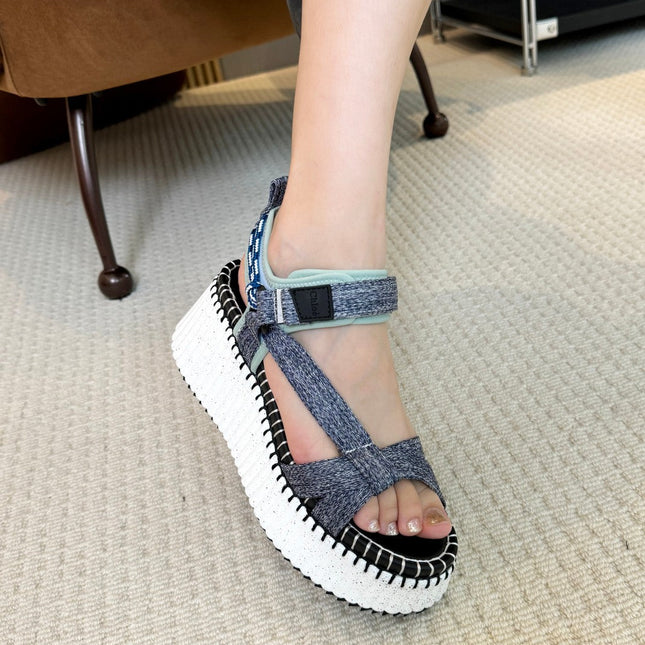 NAMA WEDGE SANDALS IN GREY FABRIC AND WHITE RUBBER