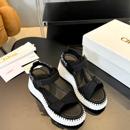 NAMA WEDGE SANDALS IN BLACK FABRIC AND WHITE RUBBER