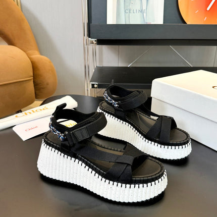 NAMA WEDGE SANDALS IN BLACK FABRIC AND WHITE RUBBER