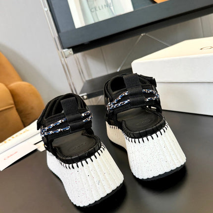 NAMA WEDGE SANDALS IN BLACK FABRIC AND WHITE RUBBER