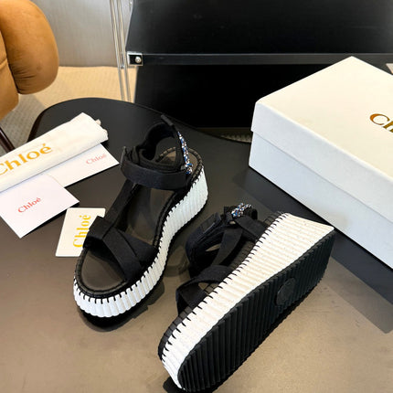 NAMA WEDGE SANDALS IN BLACK FABRIC AND WHITE RUBBER